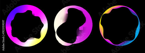 Neon glow circles set, vibrant abstract rings on dark background