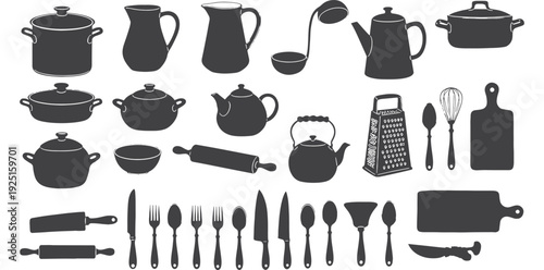 A collection of kitchen utensils and cookware in silhouette mode