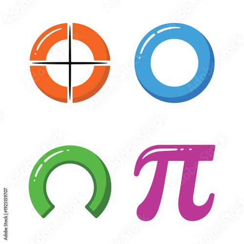 Colorful geometry shapes with circle fraction, ring segments and pi sign, mathematics education icon set for school poster design
