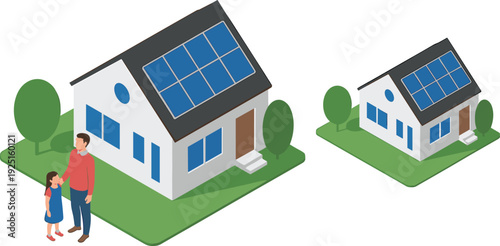 3D isometric solar panel house illustration, modern eco friendly home with renewable energy system and family concept
