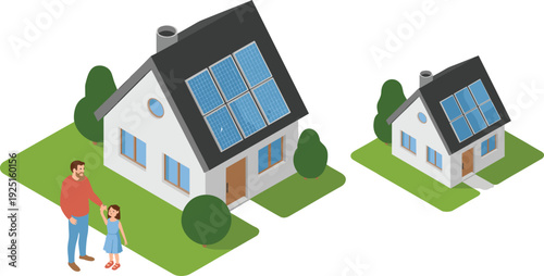 3D isometric solar powered house illustration, eco friendly family home with rooftop photovoltaic panels renewable energy concept