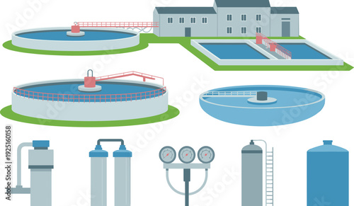 Flat minimalist wastewater treatment plant illustration, sedimentation tanks filtration columns and industrial water purification facility infrastructure concept