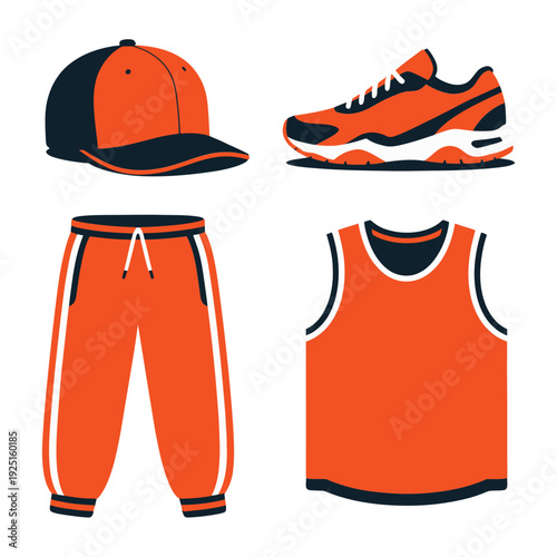 Athletic sportswear set with cap, jersey, sweatpants, running sneakers, basketball style outfit for training, gym, team practice, events, games