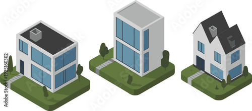 Isometric modern minimalist houses set, contemporary residential buildings with glass windows suburban homes real estate architecture illustration