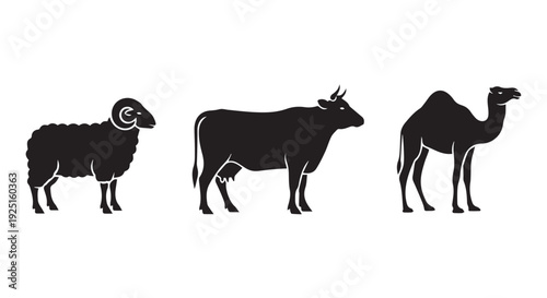 Livestock Silhouette Icon Set: Sheep, Cow & Camel