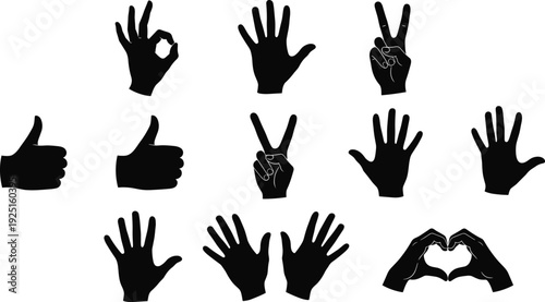 Set of hand gesture silhouettes including thumbs up, ok sign, victory, peace, high five, pointing, and heart shape icons for communication and symbols