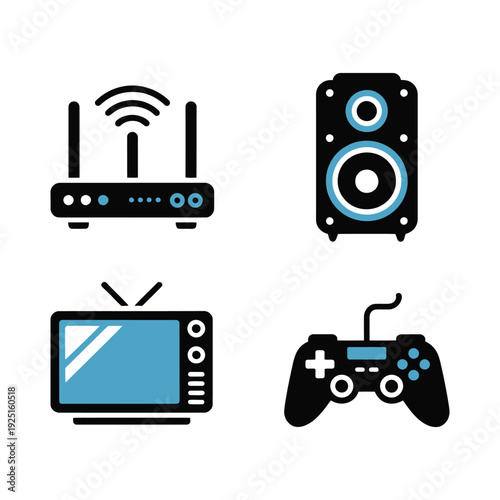 Wireless streaming setup, router with antenna, tv screen, game controller, speaker, esports party banner, online gaming session, tech workshop