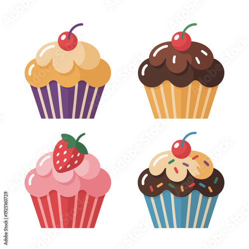 Gourmet cupcakes collection with cherries, berries, drizzled chocolate, fancy frosting, dessert clipart for bakery poster, cafe menu, celebration branding