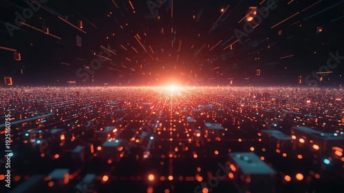 Bright horizon light over digital grid with glowing particles and red orange streaks