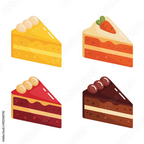 Assorted pastry slices vector with caramel, fruit, chocolate toppings, layered cake pieces for bakery branding, dessert menu, party invitation design