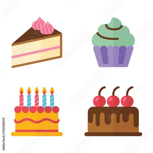 Bakery dessert set with layered slices, creamy cupcakes, chocolate drip cakes with candles for birthday poster, cafe menu, pastry festival