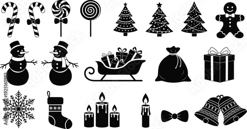 Set of Christmas and winter line art icons including decorated trees snowman gingerbread man gifts reindeer sleigh candles bells snowflake and candy cane