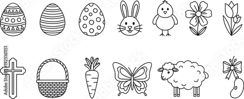 Set of Easter and spring line art icons including decorated eggs bunny chicken flowers cross basket carrot butterfly sheep and jelly bean