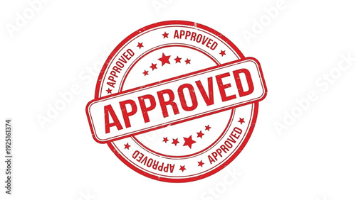 Red and white approved stamp with stars and label