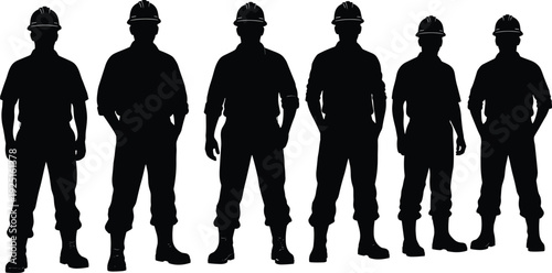 Set of construction worker silhouettes standing in row wearing hard hats and workwear, professional industrial builder team and engineering group vector illustrations