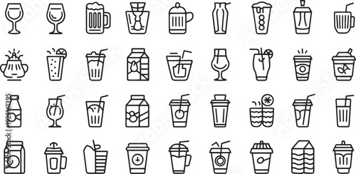 Collection of various drinkware and beverage containers illustrated in black and white