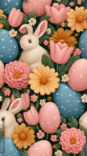 Pastel Easter Bunny Seamless Pattern Floral Spring Background for Commercial Use