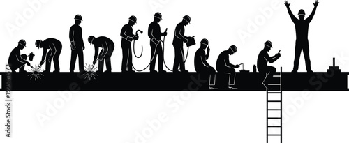 Construction workers silhouette working on steel beam at height, industrial engineers welding, drilling and building infrastructure, professional builder team vector icon set