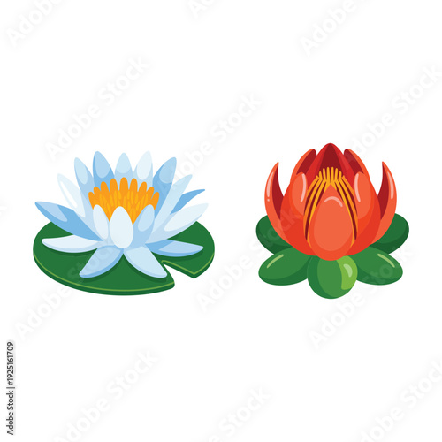 Lotus and water lily icons for spring temple festival, meditation retreat posters, wellness session graphics, floral decoration clipart for invites vector