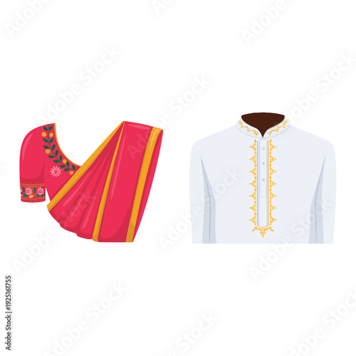 Saree and kurta outfit icons for spring cultural event, family wedding posters, fashion show session graphics, ethnic dress illustration vector
