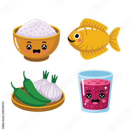 Rice plate with fish, vegetables and drink, food fair poster, community feast session, harvest festival branding, culinary market graphics vector design