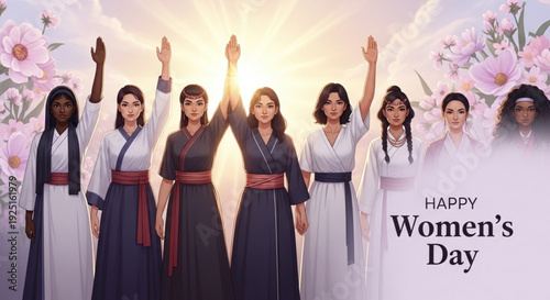 Diverse women in traditional attire celebrating women's day with raised hands in solidarity and joy