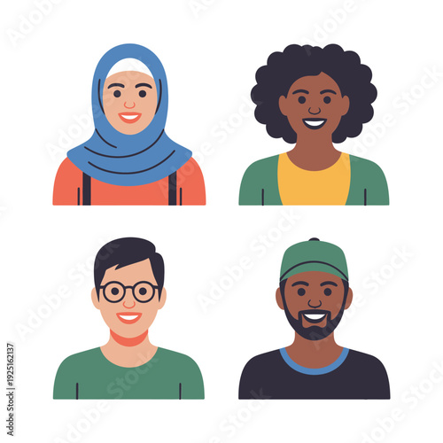 Diverse people portraits with headscarf, afro curls, eyeglasses and beanie, inclusive avatar icons for website team, social media, community outreach