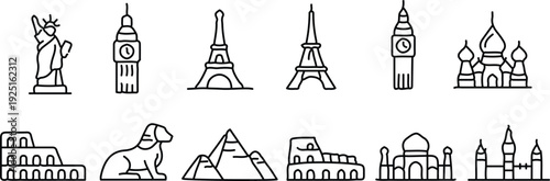 world monument landmark outline icon set vector illustration design art collection image 