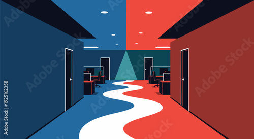 Vector illustration of empty office hallway with red blue sides and wavy line divider