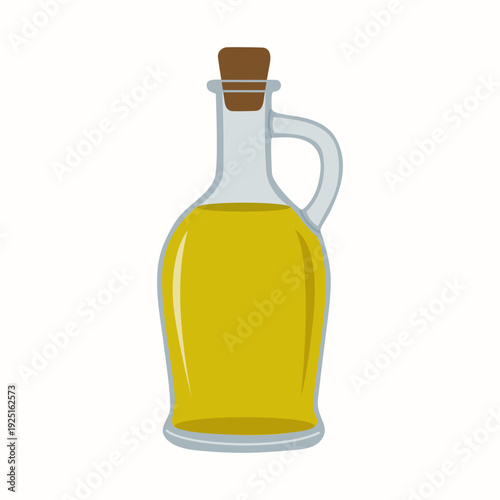 Glass bottle with olive vegetable oil. Culinary ingredient for cooking. Hand drawn vector illustration isolated on white background, modern flat cartoon style.