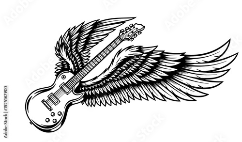 Dynamic Electric Guitar with Angel Wings Rock Music Emblem Black and White Vector