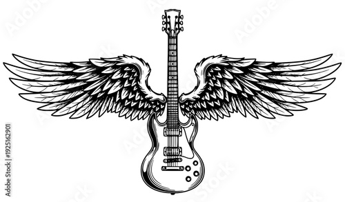 Electric Guitar with Angel Wings Symmetrical Tattoo Emblem Black and White Vector