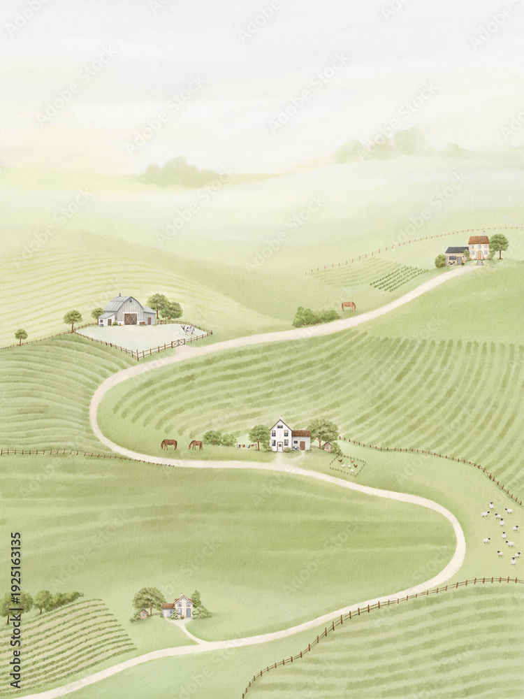 Fototapeta premium Watercolor landscape with countryside, houses, farm, animals and trees on background green meadows, fields and hills. Hand drawn print with beautiful natural composition, ecology rural illustration.