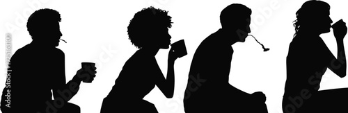 Silhouettes of people drinking coffee, morning routine lifestyle, caffeine energy concept, social break, isolated on white background