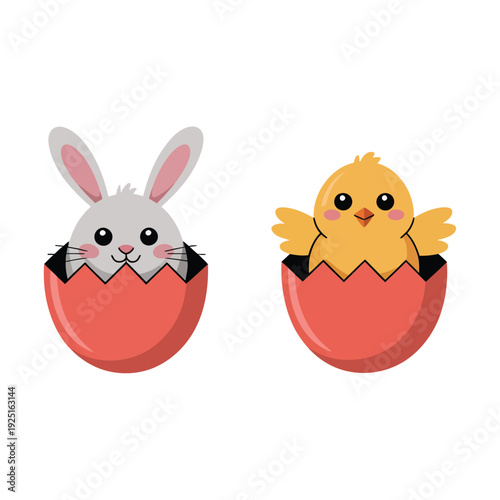 Cute bunny and baby chick popping from cracked eggs, Easter celebration vector for kids crafts, classroom decorations, holiday marketing materials