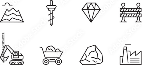 Collection of various linear icons representing tools and industrial equipment isolated