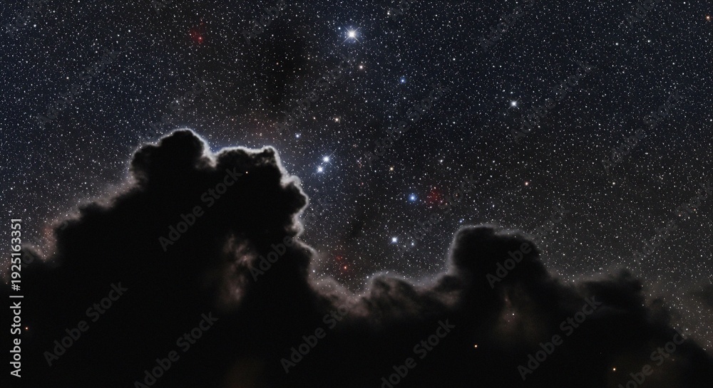 Naklejka premium Cosmic Dark Clouds Silhouetted Against Countless Stars Deep Space Night Astrophotography Luminous Detail