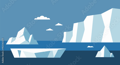 Calm vector illustration of floating icebergs in tranquil blue ocean beneath soft clouds