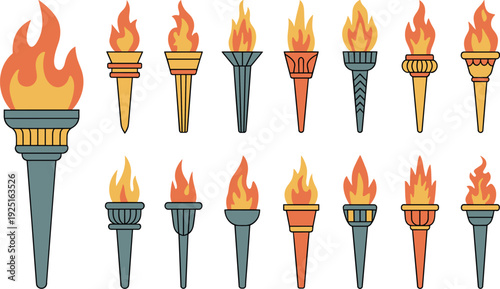 Vector illustration of various torch designs with flames for Olympic, historical, and celebratory themes.