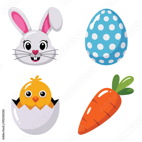 Cute Easter mix with rabbit face, decorated egg, hatching chick and carrot, festive spring clipart for social media and flyers