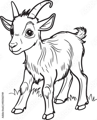 Cute baby goat standing on grass field cartoon animal line art style  vector art