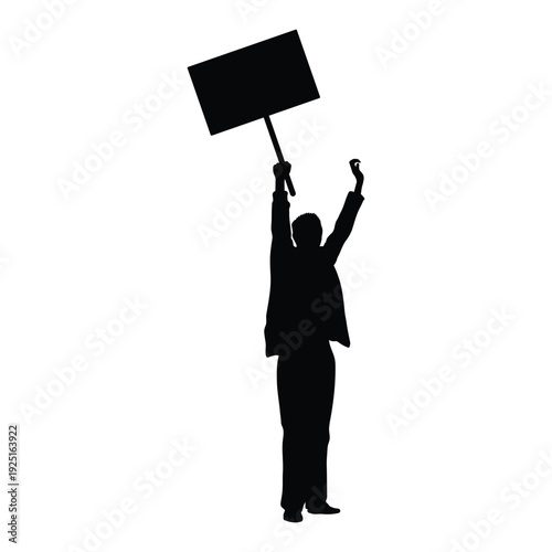 Male activist with raised fist holding placard sign isolated silhouette on white background vector illustration.