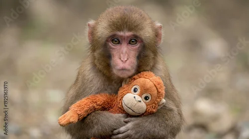 Obraz Punch baby macaque sitting alone hugging plush toy while other monkeys ignore him, orphan monkey showing loneliness, social rejection and emotional attachment concept