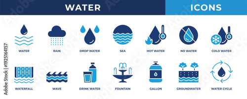 Water icon set. Contains blue icons related to rain, sea, waterfall, wave, drop water, and more.