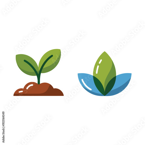 Seedling plant icons with green sprout and leaf emblem, eco farming vector for agriculture logo, reforestation campaign, gardening event