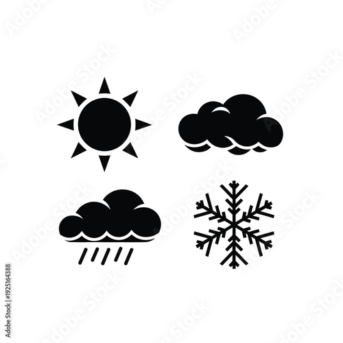 Weather Icons Set Including Sun, Clouds, Rain, and Snowflake Symbols