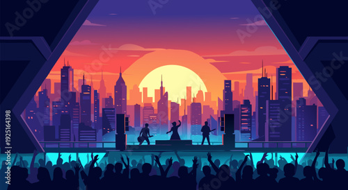 Vector illustration of silhouetted band performing on stage at urban sunset cityscape