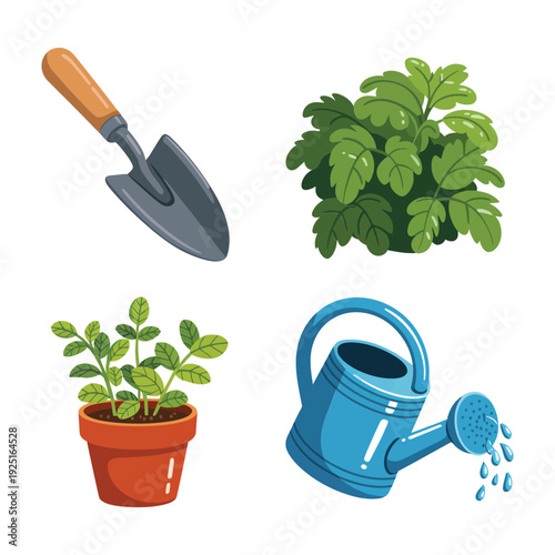 Gardening tools with hand trowel, leafy potted plant and blue watering can, spring garden care, hobby grower supplies vector