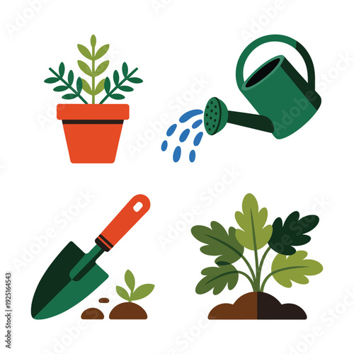 Home garden planting set with seedling pot, hand trowel, watering can, soil care icons for spring backyard vector illustration