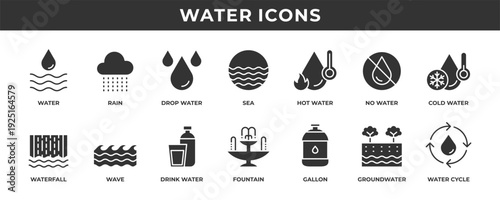 Water icon set. Contains solid icons related to rain, sea, waterfall, wave, drop water, and more.